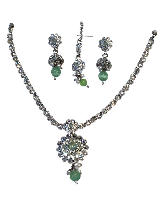 Mint Green - Small Size Silver Finish Necklace Set with Earrings & Head Piece /Tika- SLV79 11A24 - Prachy Creations