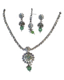 Mint Green - Small Size Silver Finish Necklace Set with Earrings & Head Piece /Tika- SLV79 11A24 - Prachy Creations