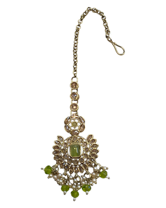 Mint Henna Green - Large - Antique Gold Finish Traditional Tika Head piece - Bollywood - Weddings - PRI1773 11V24 - Prachy Creations