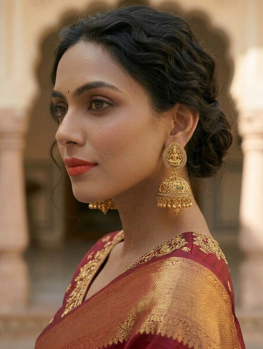 Multi Coloured - Gold Finish Temple Lakshmi & Peafowl Jhumka Earrings - Bollywood - Weddings - 15ER221 09Ap26 - Prachy Creations