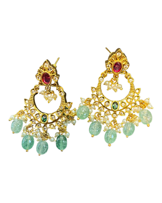 Multi Coloured - Large - Antique Gold Finish Traditional Earrings - Bollywood - Weddings - AE2607 J - Prachy Creations