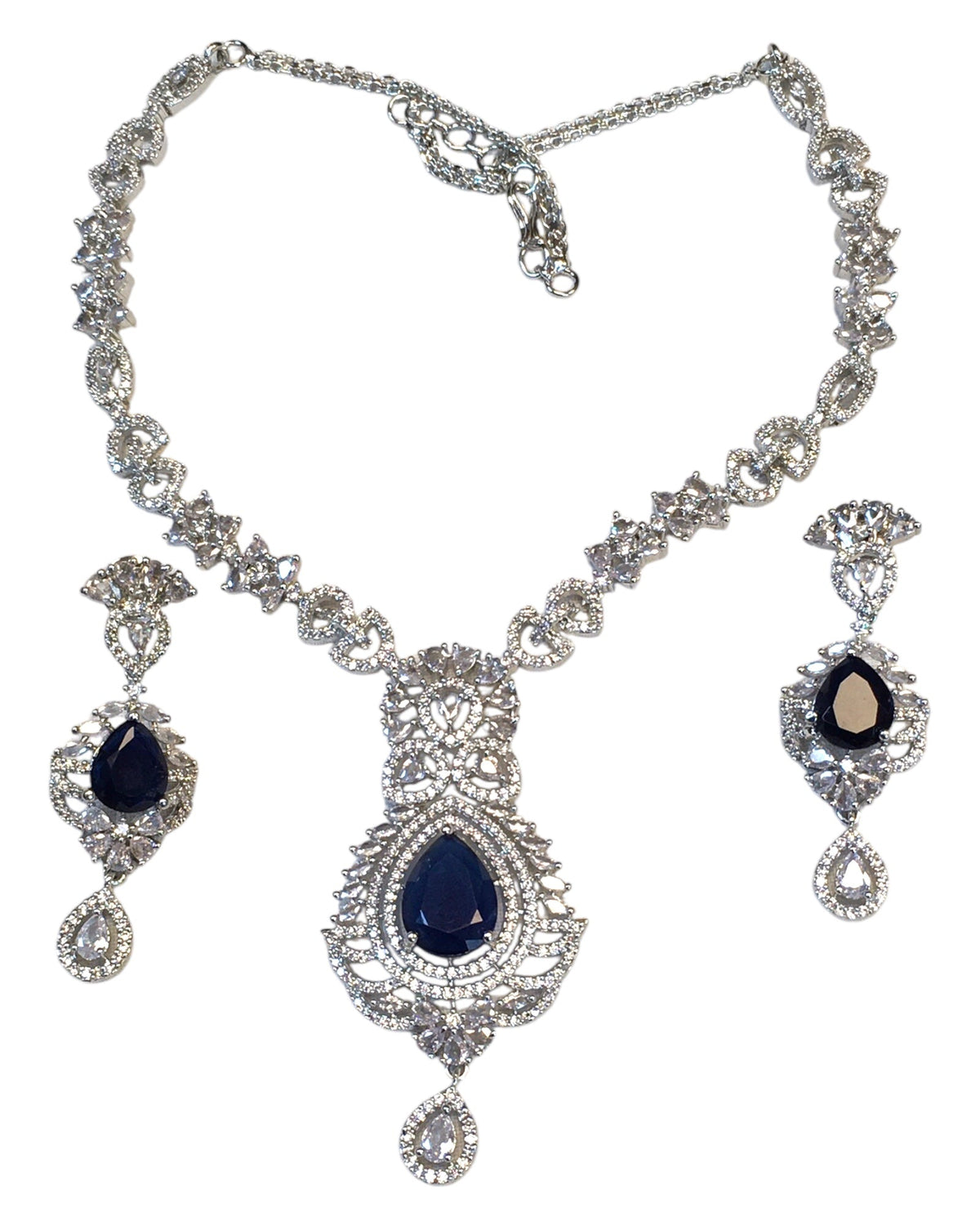 Navy Blue - American Diamond Style Silver Finish Large Size Necklace Set with Earrings - AE2425 11KK24 - Prachy Creations