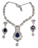 Navy Blue - American Diamond Style Silver Finish Large Size Necklace Set with Earrings - AE2425 11KK24 - Prachy Creations