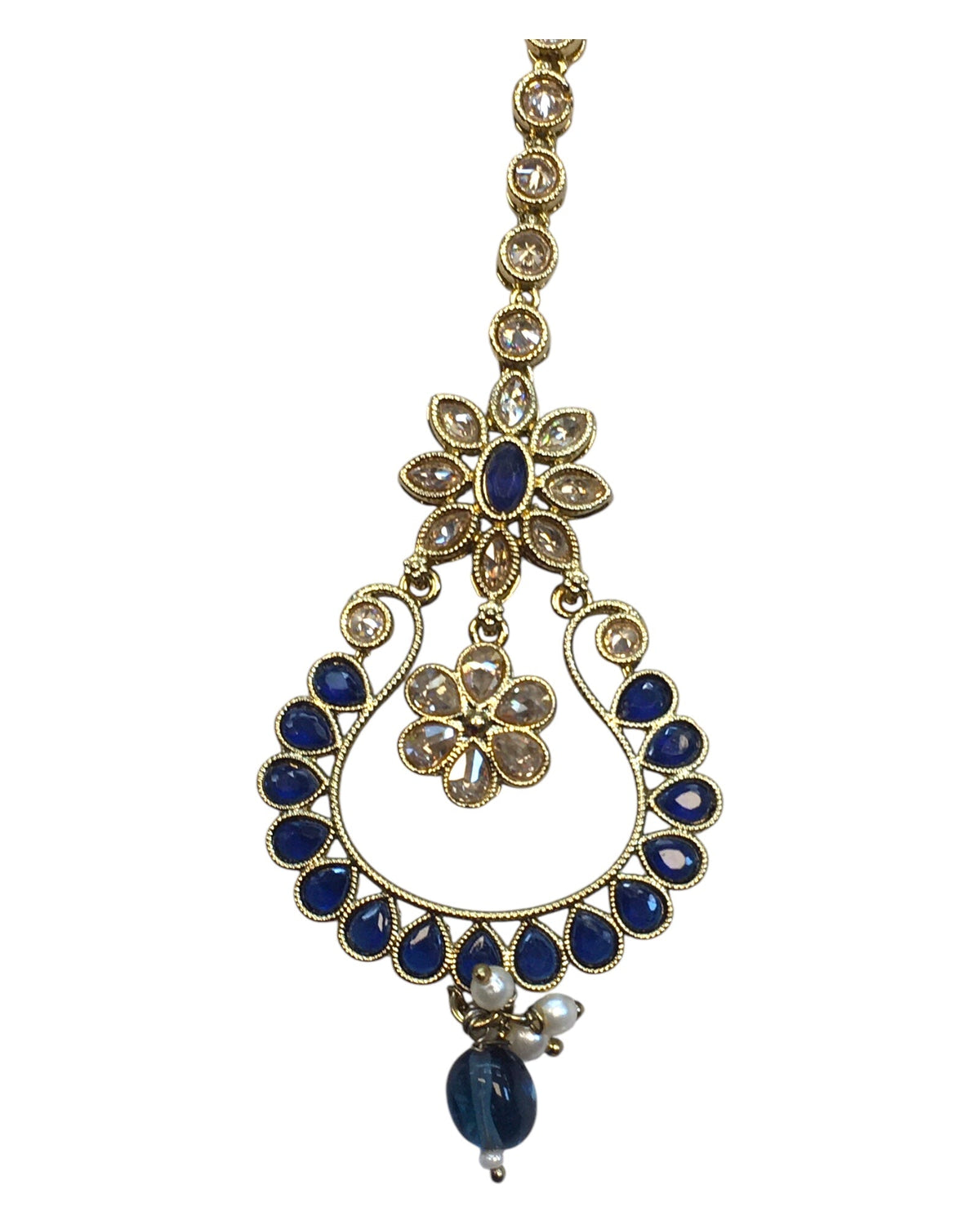Navy Blue - Antique Gold Finish Large Size Tika Head Piece - Indian Ladies Fashion Jewellery - AE2440 11T24 - Prachy Creations