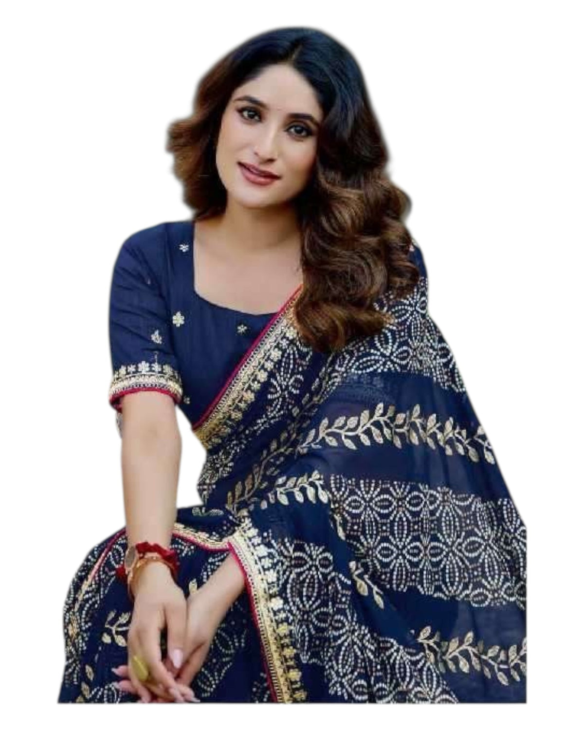 Navy Blue - Bandhani Printed - Chiffon Saree with Blouse Piece - KAS-Chuneri 303 10KV25 - Prachy Creations