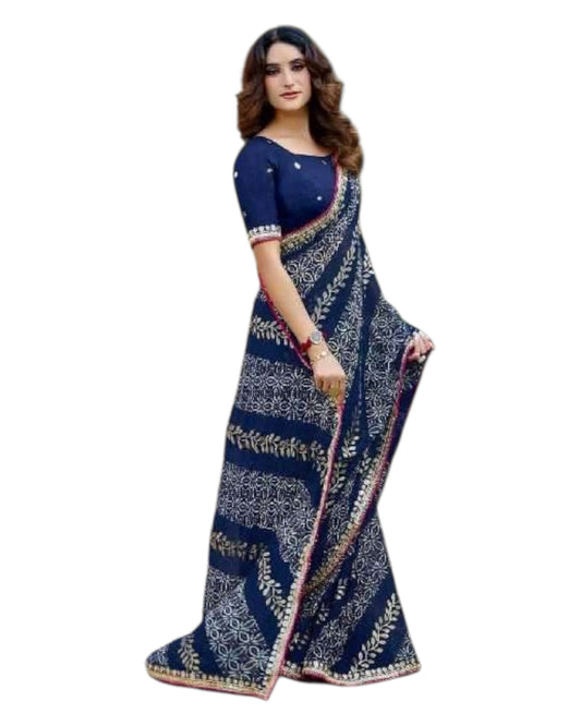 Navy Blue - Bandhani Printed - Chiffon Saree with Blouse Piece - KAS-Chuneri 303 10KV25 - Prachy Creations