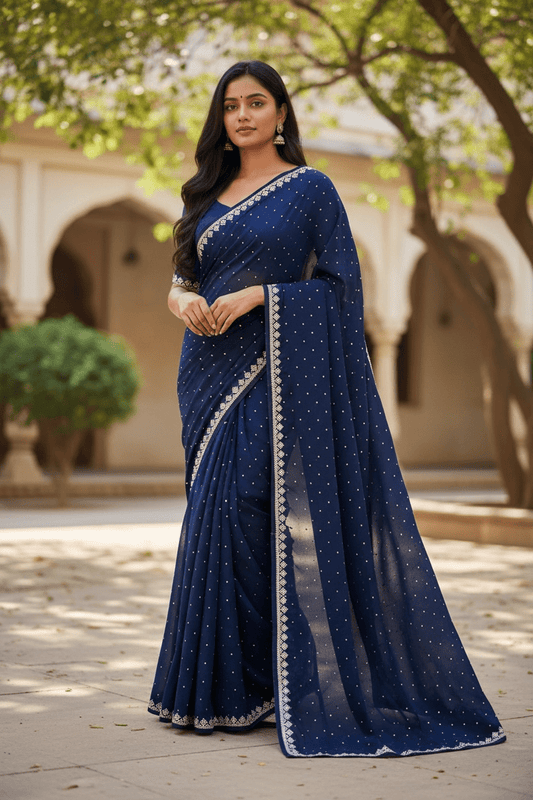 Navy Blue - Fancy Embroidered Saree with Blouse Piece - UK stock - 24hr Dispatch - SP250614 KC - Prachy Creations