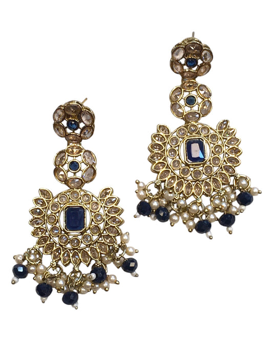 Navy Blue - Large - Antique Gold Finish Traditional Earrings - Bollywood - Weddings - PRI1773 11Tp24 - Prachy Creations