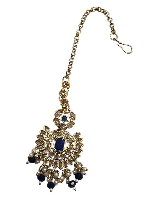 Navy Blue - Large - Antique Gold Finish Traditional Tika Head piece - Bollywood - Weddings - PRI1773 11V24 - Prachy Creations