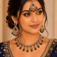 Navy Blue - Large Size Antique Gold Finish Necklace Set with Earrings - AV7787 11KK24 - Prachy Creations