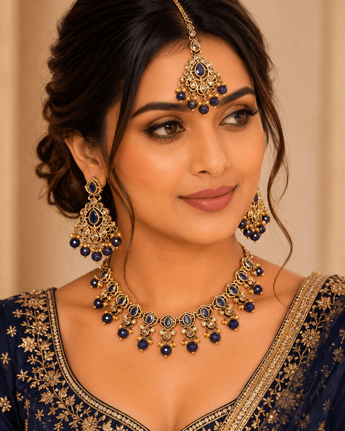 Navy Blue - Large Size Antique Gold Finish Necklace Set with Earrings - AV7787 11KK24 - Prachy Creations