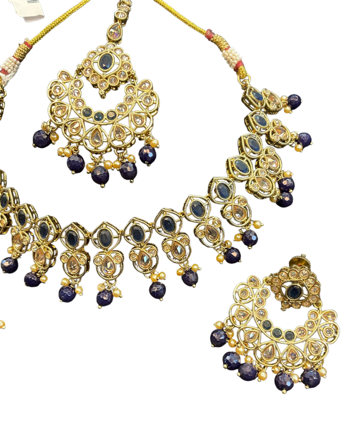 Navy Blue - Large Size Antique Gold Finish Necklace Set with Earrings - AV7787 11KK24 - Prachy Creations