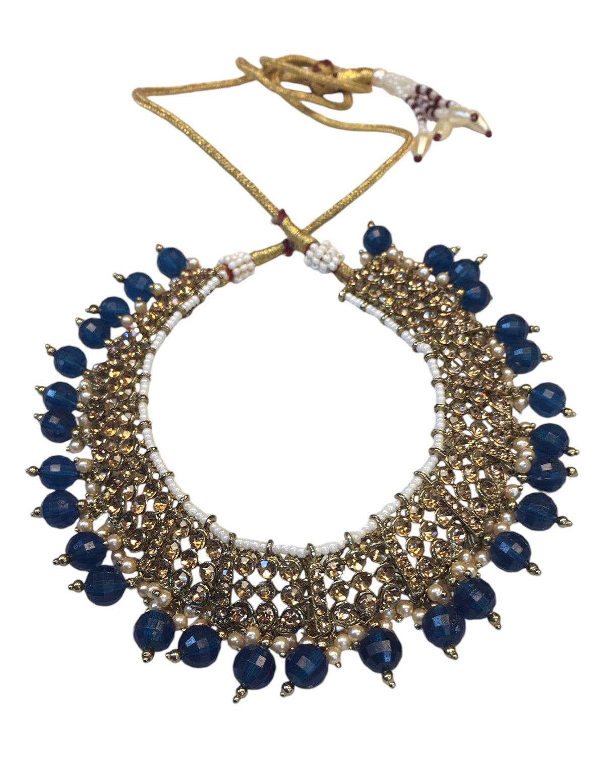 Navy Blue - Large Size Antique Gold Finish Necklace Set with Earrings - JIG49 11H24 - Prachy Creations