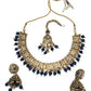 Navy Blue - Large Size Antique Gold Finish Necklace Set with Earrings - JIG49 11H24 - Prachy Creations