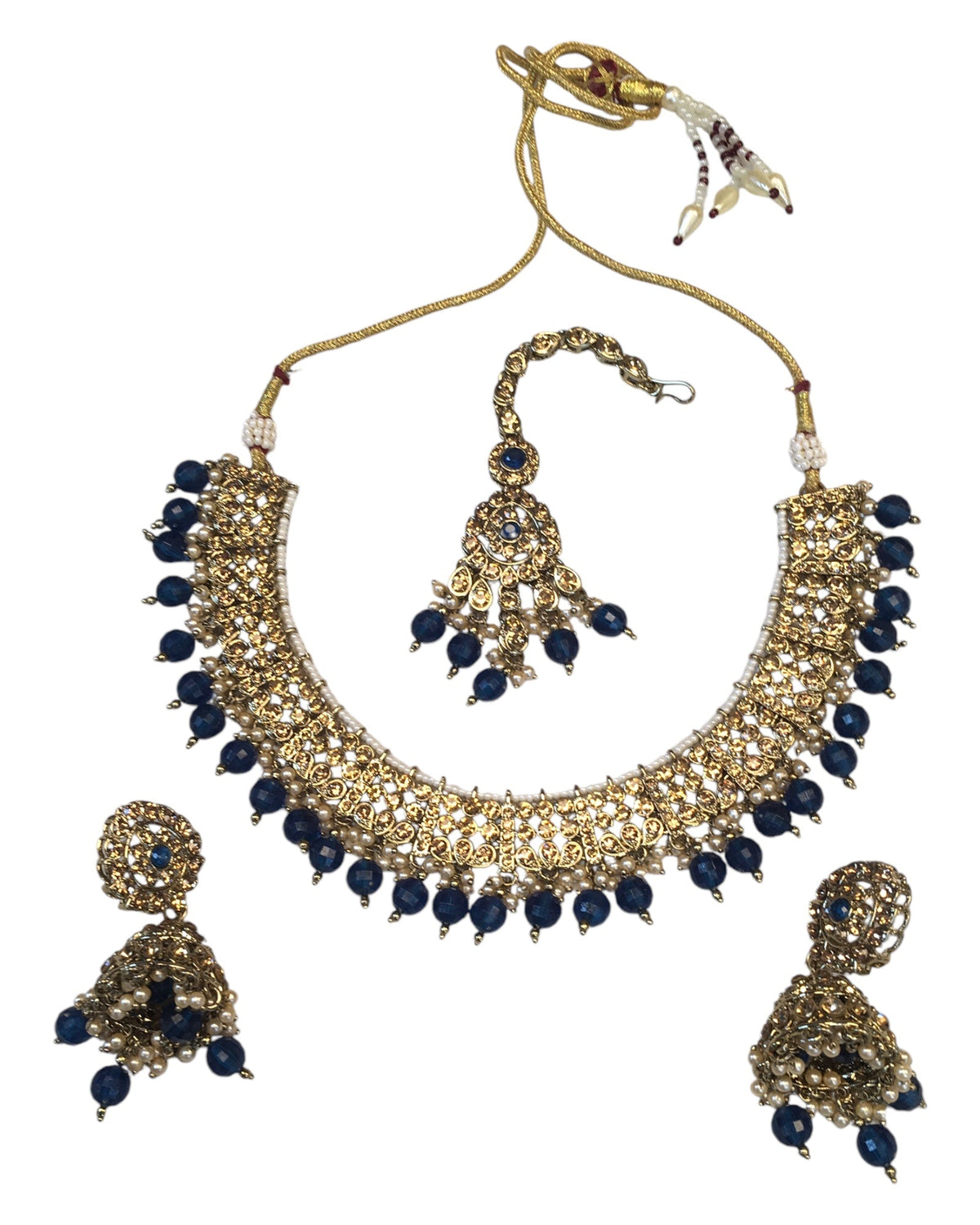 Navy Blue - Large Size Antique Gold Finish Necklace Set with Earrings - JIG49 11H24 - Prachy Creations