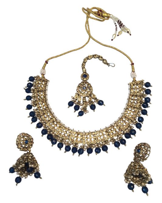Navy Blue - Large Size Antique Gold Finish Necklace Set with Earrings - JIG49 11H24 - Prachy Creations