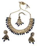 Navy Blue - Large Size Antique Gold Finish Necklace Set with Earrings - JIG49 11H24 - Prachy Creations