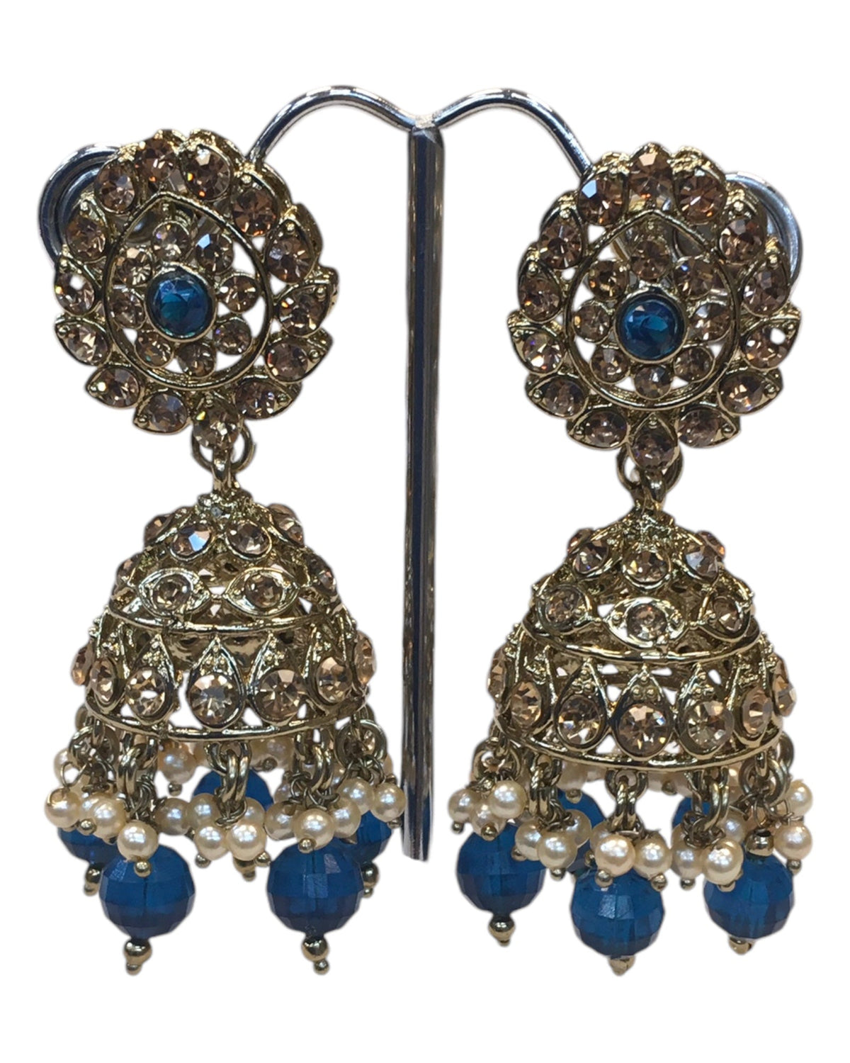 Navy Blue - Large Size Antique Gold Finish Necklace Set with Earrings - JIG49 11H24 - Prachy Creations