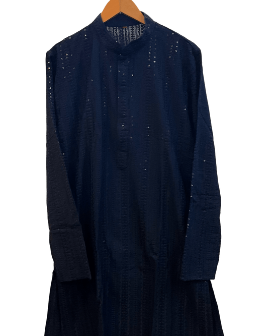 Navy Blue - Lucknawi Chikankari Chiffon Self Sequins Mens Indian Kurta set - Weddings / Walimas , Sangeet, Mehndi / Henna , Eid / Diwali - SHU2608 05KP26 - Prachy Creations