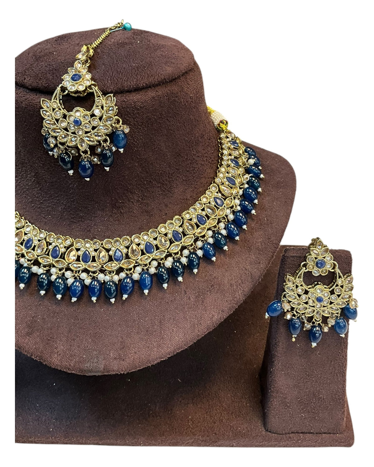 Navy Blue - Medium Size Antique Gold Finish Necklace Set with Earrings - RZ31 KYp - Prachy Creations