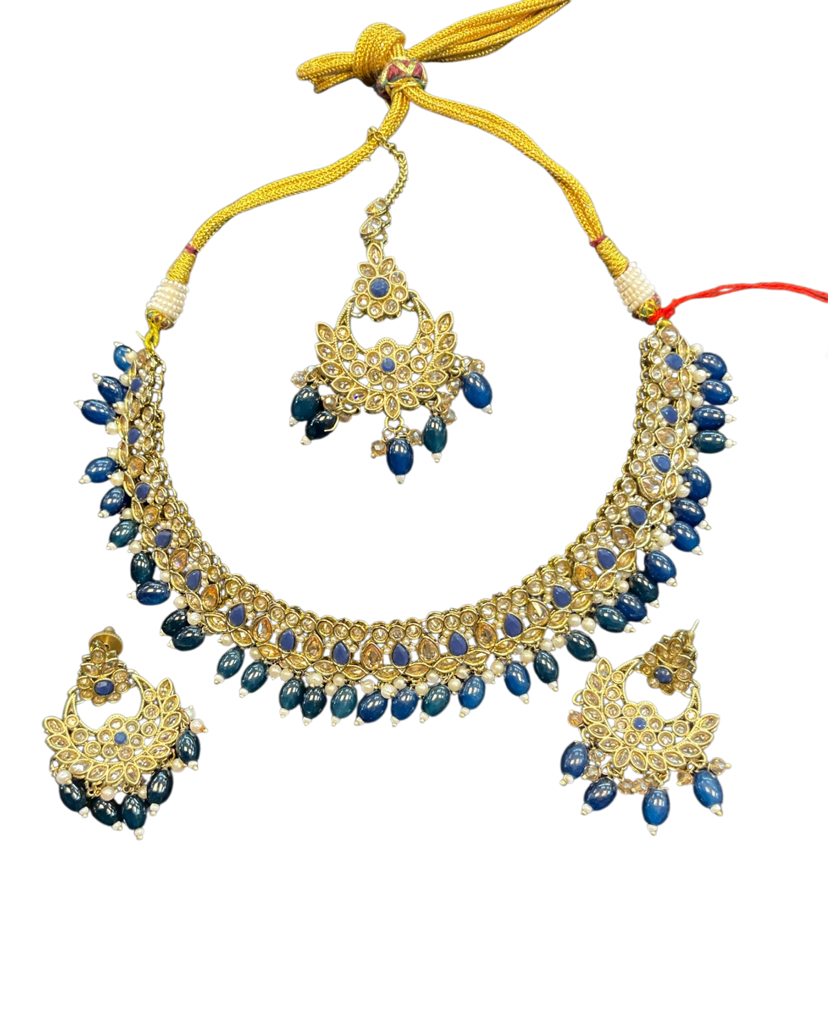 Navy Blue - Medium Size Antique Gold Finish Necklace Set with Earrings - RZ31 KYp - Prachy Creations