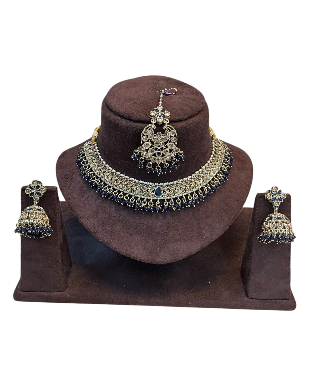 Navy Blue - Medium Size Antique Gold Finish Necklace Set with Earrings & Tika Head piece - GGA05 KV 0525 - Prachy Creations