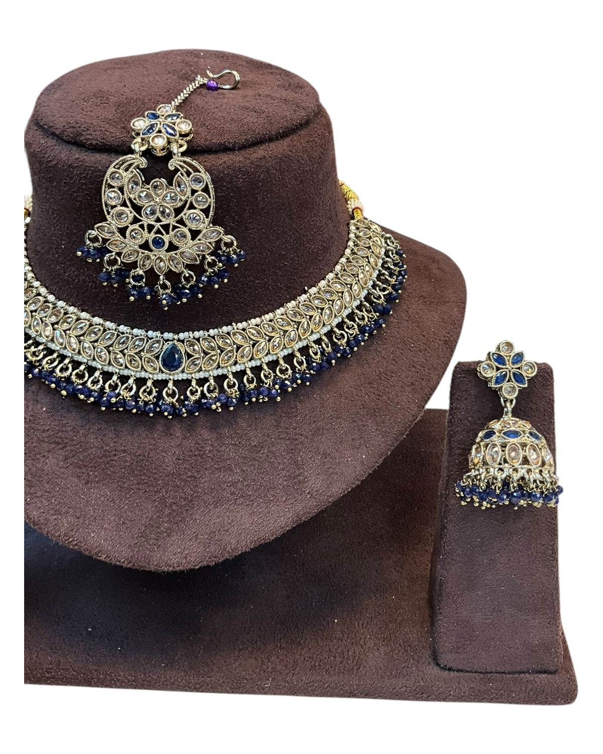 Navy Blue - Medium Size Antique Gold Finish Necklace Set with Earrings & Tika Head piece - GGA05 KV 0525 - Prachy Creations
