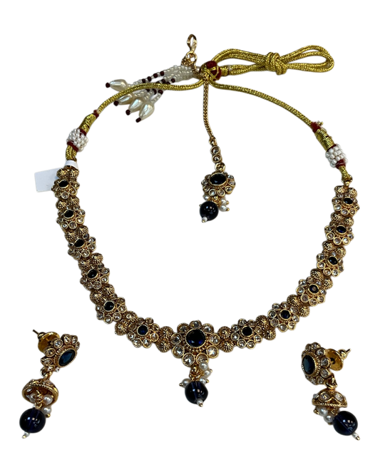 Navy Blue - Medium Size Gold Finish Necklace Set with Earrings & Head Piece - SLV90 04Cp26 - Prachy Creations