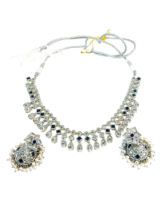 Navy Blue - Medium Size Silver Finish Necklace Set with Earrings - UK Stock - SJ06 08H25 - Prachy Creations