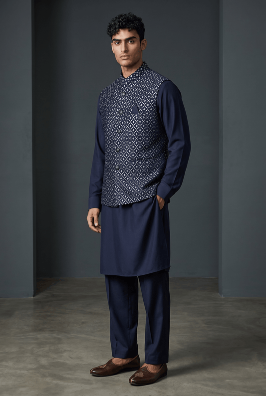 Navy Blue - Mens Kurta Set with Rich Brocade Waistcoat - UK Stock - Quick Dispatch - SHU2609 05VV26 - Prachy Creations