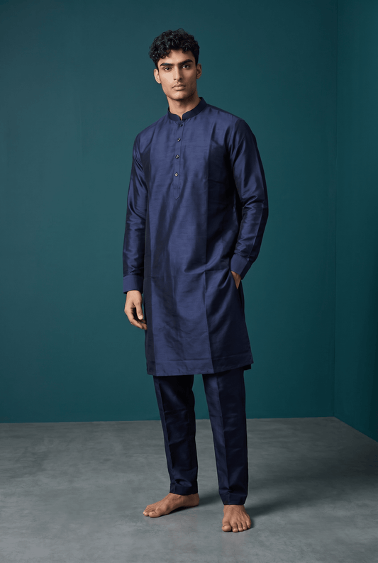 Navy Blue - Plain Silky Mens Indian Kurta set with Trousers - UK Stock - Weddings / Walimas , Sangeet, Diwali, Eid, Mehndi / Henna - EM66 05KJ26 - Prachy Creations