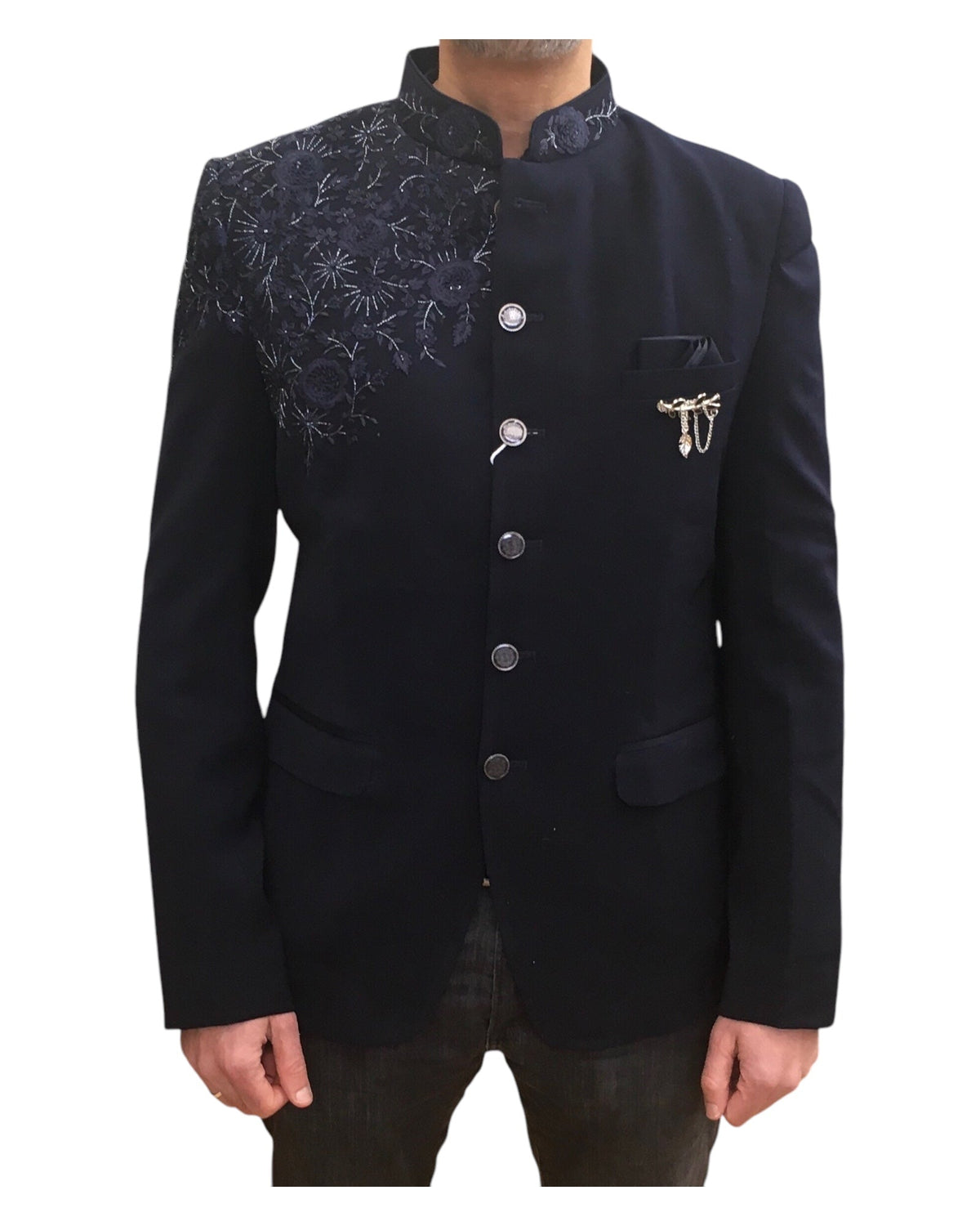 Navy Blue - PREMIUM Mens Self Brocade BandhGala / Prince / Chinese Collar Jacket with Hand Embroidery - Fantastic Fit - CS2507 03AY25 - Prachy Creations