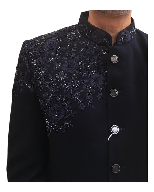 Navy Blue - PREMIUM Mens Self Brocade BandhGala / Prince / Chinese Collar Jacket with Hand Embroidery - Fantastic Fit - CS2507 03AY25 - Prachy Creations