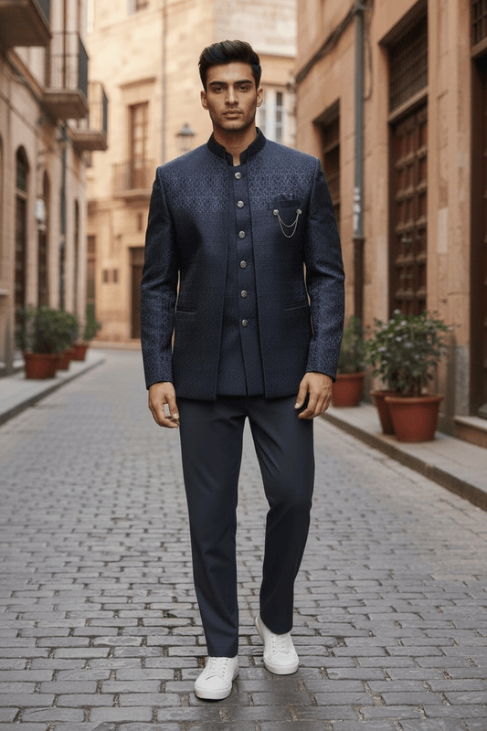 Navy Blue - PREMIUM Slim Fit Mens BandhGala / Prince / Chinese Collar Open Jacket with inside Waistcoat- Fantastic Fit - 01JT26 CS2601 - Prachy Creations