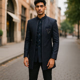 Navy Blue - PREMIUM Slim Fit Mens BandhGala / Prince / Chinese Collar Open Jacket with inside Waistcoat- Fantastic Fit - CS2508 PP 0325 - Prachy Creations