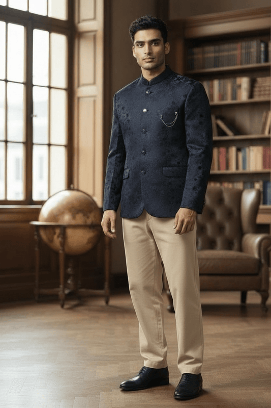 Navy Blue - PREMIUM Slim Fit Mens Self Brocade BandhGala / Prince / Chinese Collar Jacket - Fantastic Fit - CS2602 01TT26 - Prachy Creations