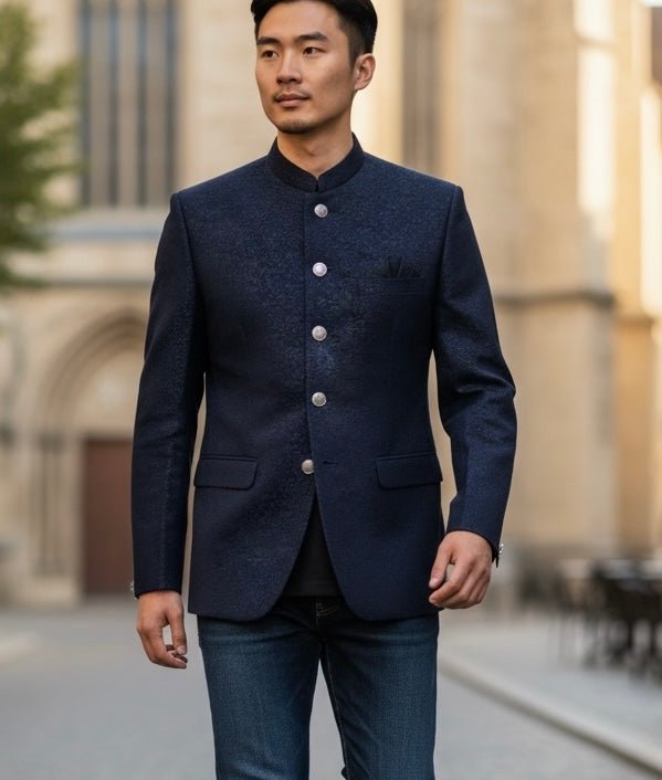 Navy Blue- PREMIUM Slim Fit Mens Self Brocade BandhGala / Prince / Chinese Collar Jacket - Fantastic Fit - VNS-JOD6097-30 10TP25 - Prachy Creations
