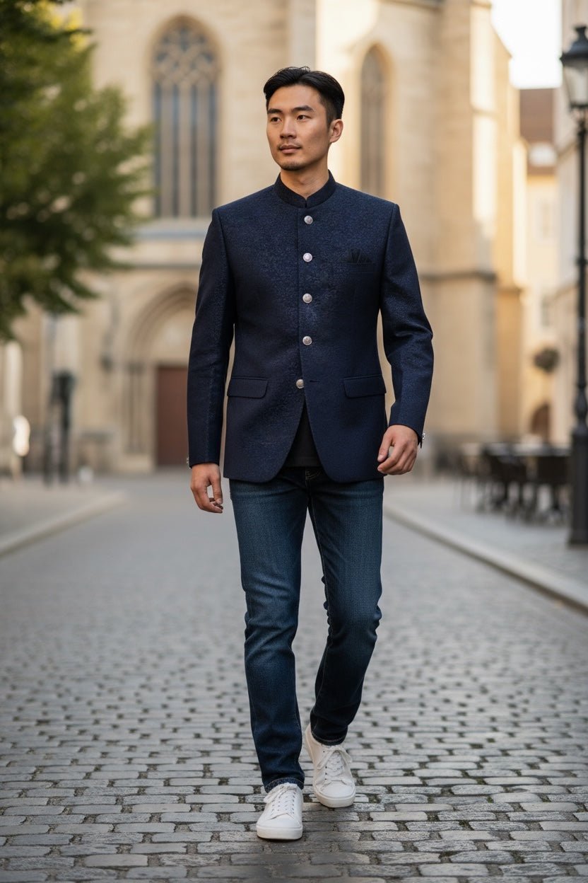 Navy Blue- PREMIUM Slim Fit Mens Self Brocade BandhGala / Prince / Chinese Collar Jacket - Fantastic Fit - VNS-JOD6097-30 10TP25 - Prachy Creations