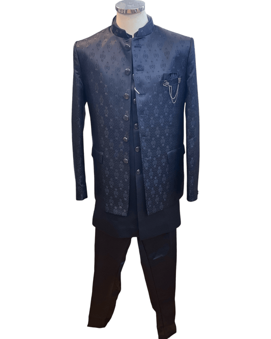 Navy Blue - PREMIUM Slim Fit Mens Self Brocade BandhGala / Prince / Chinese Collar Jacket with Long inside Waistcoat - Fantastic Fit - CS2505 03PY25 - Prachy Creations