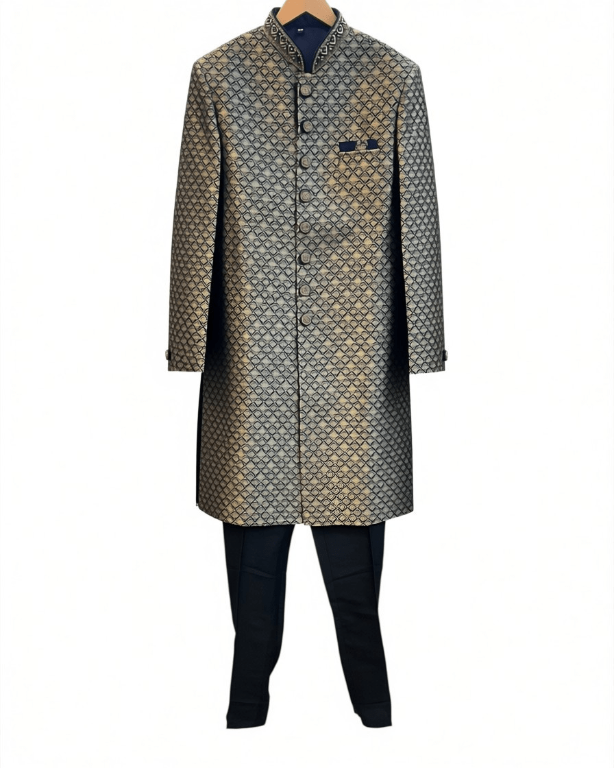 Navy Blue - Rich Banarasi Briocade Mens Sherwani Set with Smart Pants - Weddings / Walimas , Sangeet, Eid, Mehndi / Henna - SHU2601 TV 0526 - Prachy Creations