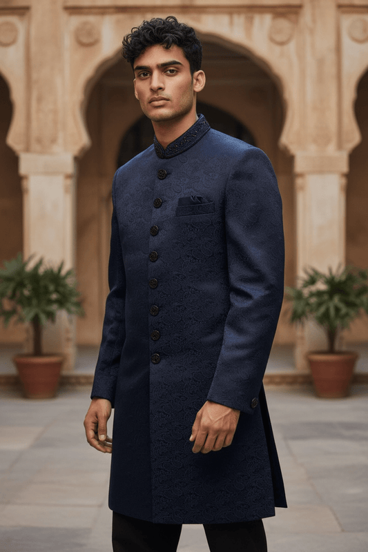 Navy Blue - Rich Banarasi Brocade - Sherwani with Black Hand Embroidery - BS1025 02RP26 - Prachy Creations