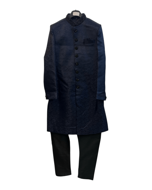 Navy Blue - Rich Banarasi Brocade - Sherwani with Black Hand Embroidery - BS1025 02RP26 - Prachy Creations