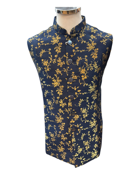 Navy Blue - Rich Brocade - Mens Traditional Waistcoat - UK Stock - VNS-JKT01 10KK25 - Prachy Creations