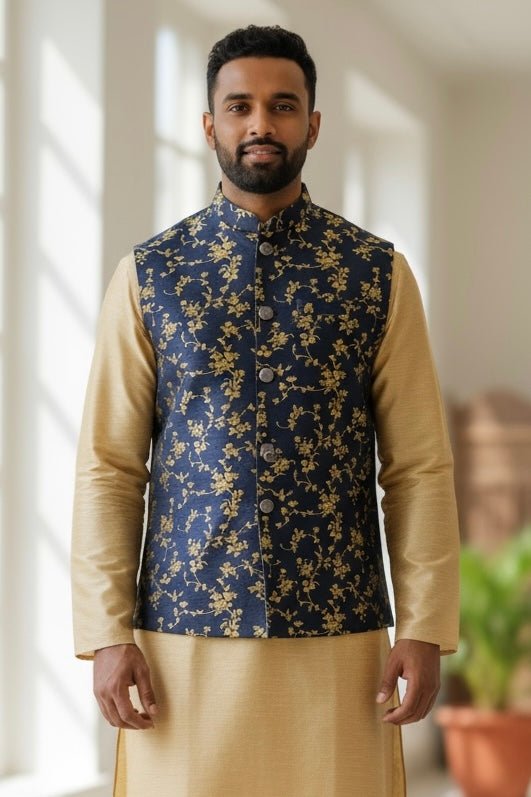 Navy Blue - Rich Brocade - Mens Traditional Waistcoat - UK Stock - VNS-JKT01 10KK25 - Prachy Creations
