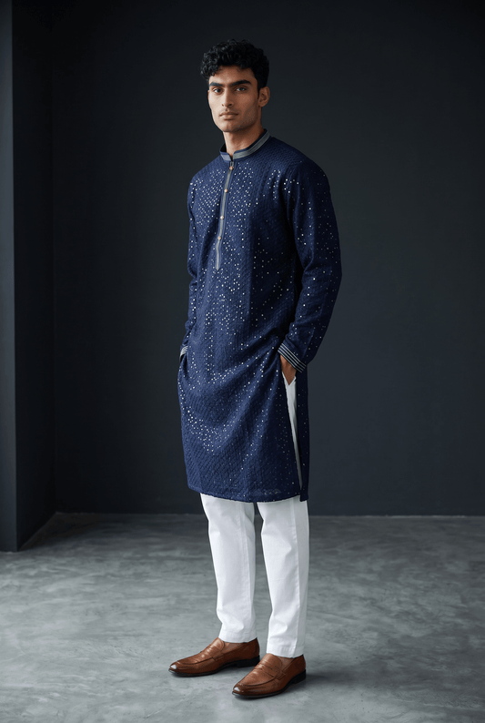 Navy Blue - Rich Lucknowi Sequins Mens Indian Kurta set with Trousers - UK Stock - Weddings / Walimas , Sangeet, Diwali, Eid, Mehndi / Henna - EM10075 05TT26 - Prachy Creations