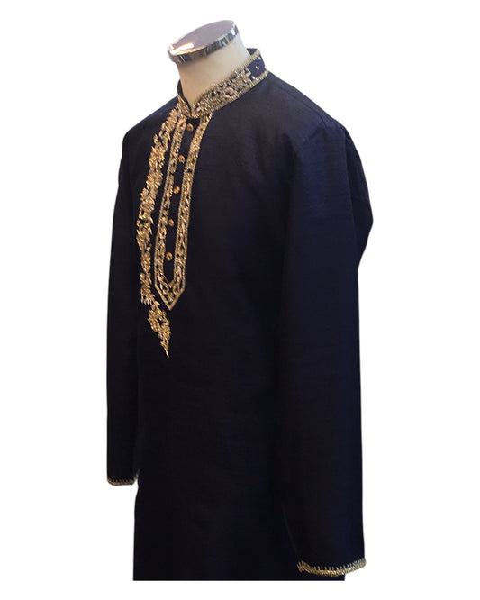 Navy Blue - Rich Silky Mens Indian Kurta set with Hand Embroidery - Weddings / Walimas , Sangeet, Mehndi / Henna , Eid / Diwali - BS2507 01JV25 - Prachy Creations