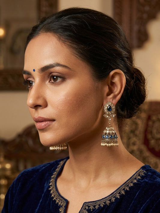 Navy Blue - Royal Teardrop Kundan & Pearl Jhumka Earrings - 6JE06 10Pp26 - Prachy Creations