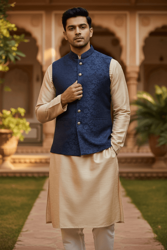 Navy Blue - Self Brocade - Premium Banarasi Handloom Mens Indian Waistcoat - UK Stock - 24 hr Dispatch - VNS2601 03KP26 - Prachy Creations