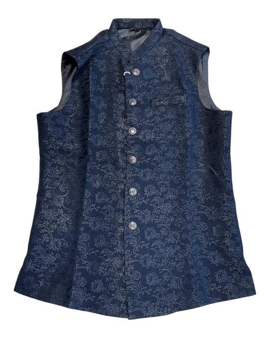Navy Blue - Self Brocade - Premium Banarasi Handloom Mens Indian Waistcoat - UK Stock - 24 hr Dispatch - VNS2601 03KP26 - Prachy Creations
