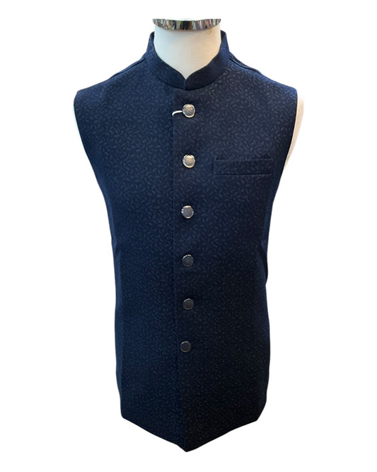 Navy Blue - Self Brocade - Premium Suede Feel Mens Indian Waistcoat - UK Stock - 24 hr Dispatch - VNS-JKT697/30 10KP25 - Prachy Creations